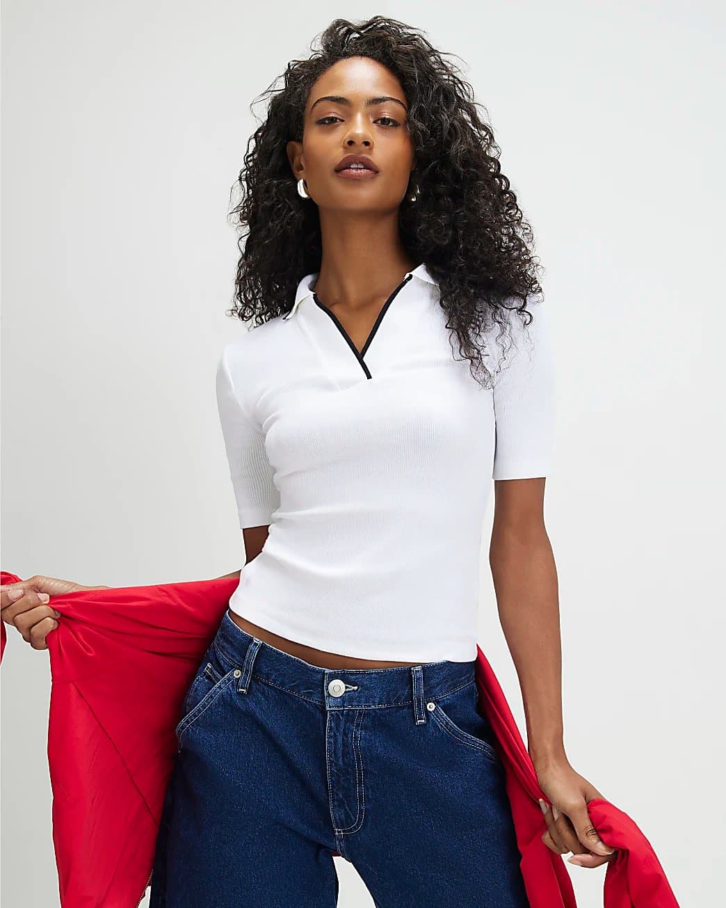 River Island River Island Womens White Cotton Blend Ribbed Polo Top