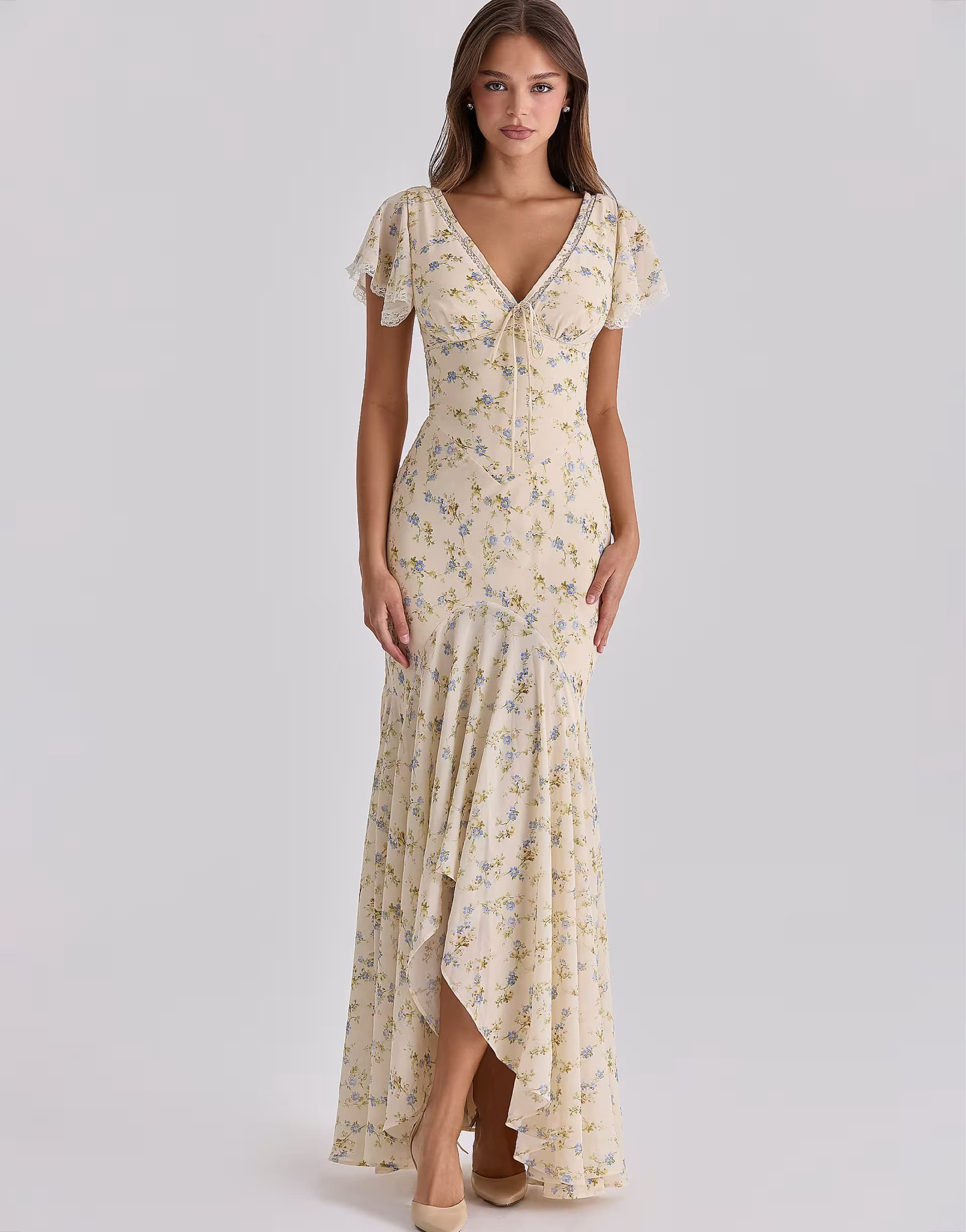 ASOS House of CB Amina ivory vintage rose print georgette maxi tea dress in ivory vintage rose print