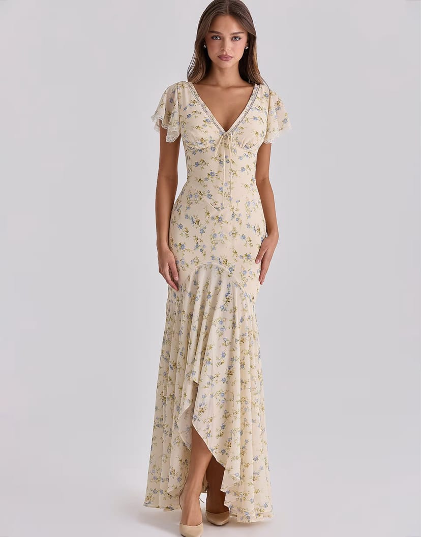 ASOS House of CB Amina ivory vintage rose print georgette maxi tea dress in ivory vintage rose print - 1