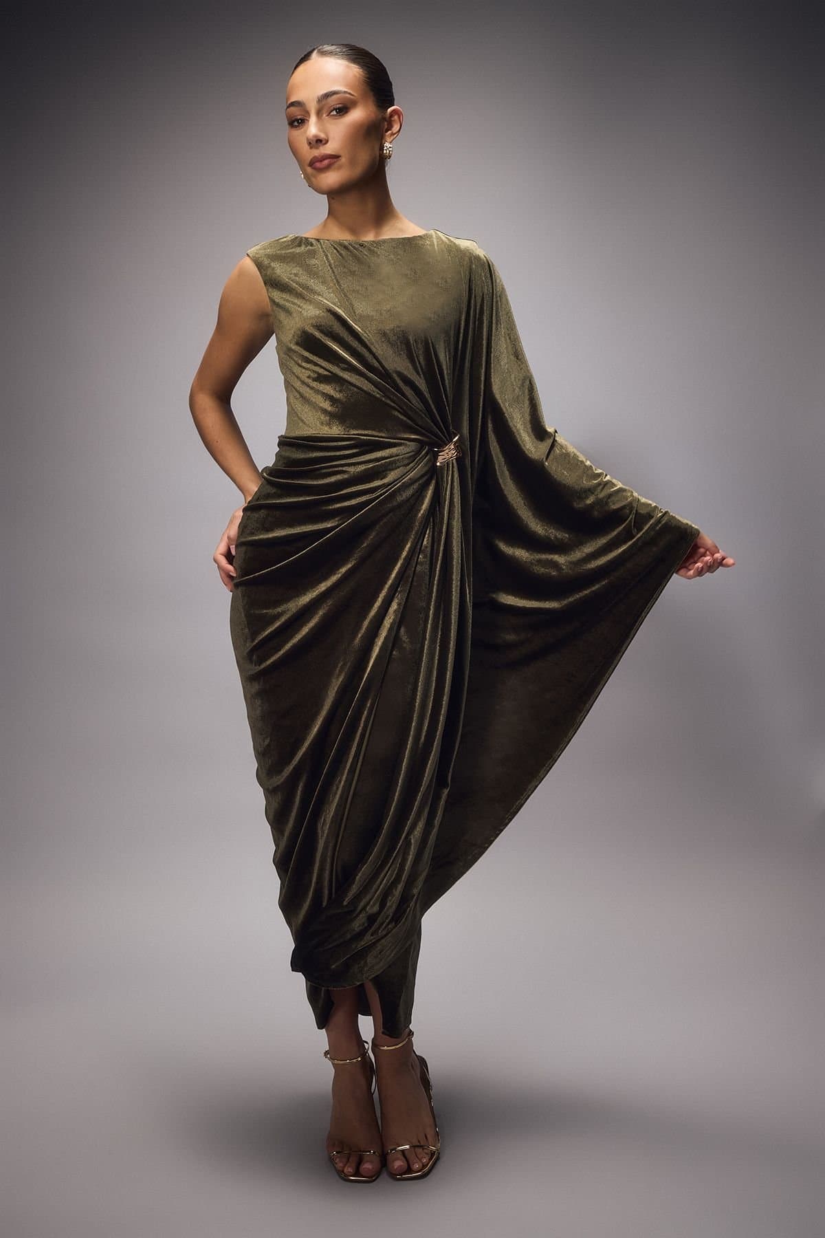 Coast Coast Women's Muse Velvet Draped Shoulder Maxi Dress With Gold Trim in Olive