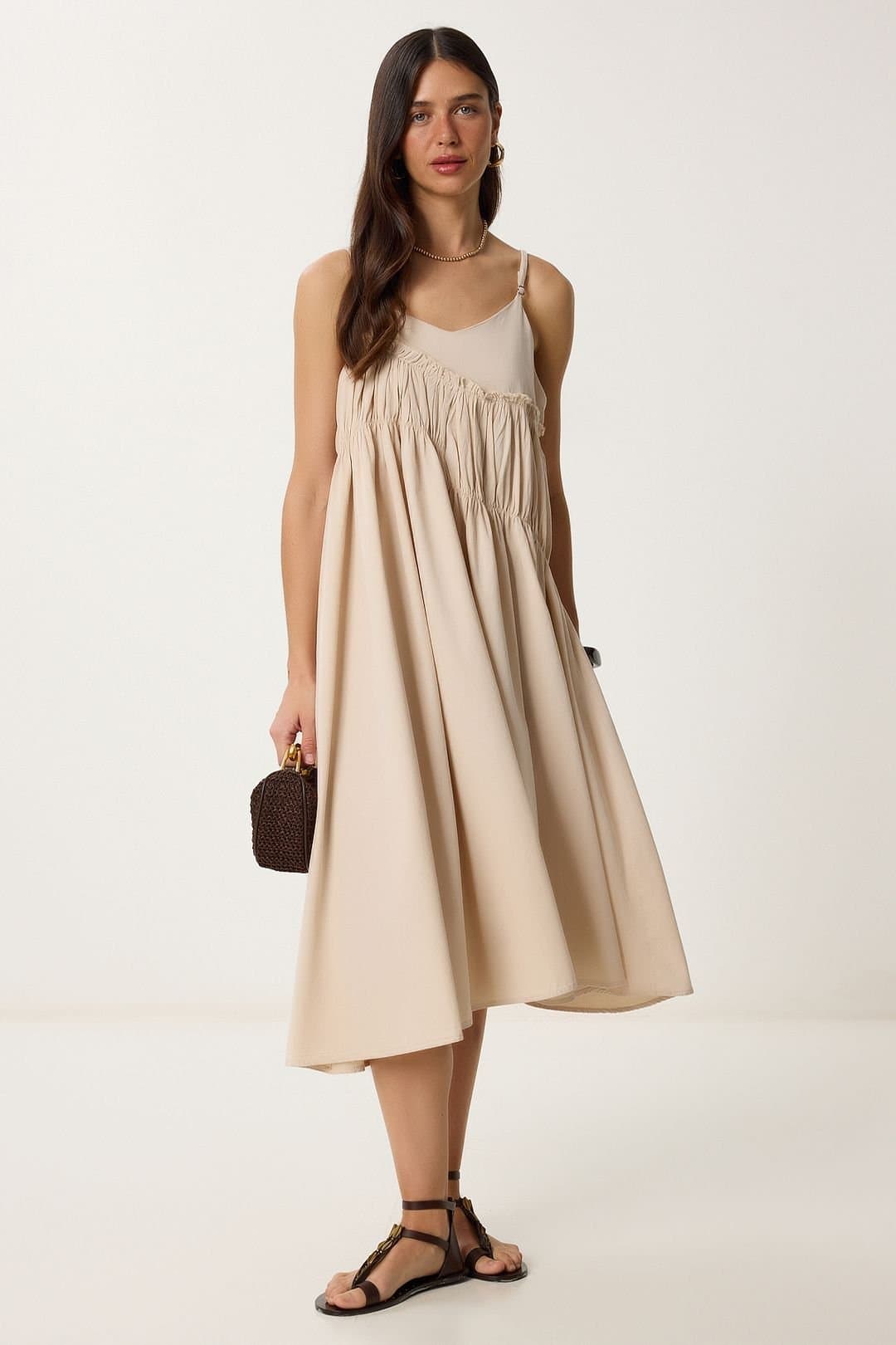 Happiness Istanbul Happiness Istanbul Cream Cotton Midi Dress with Ruffles