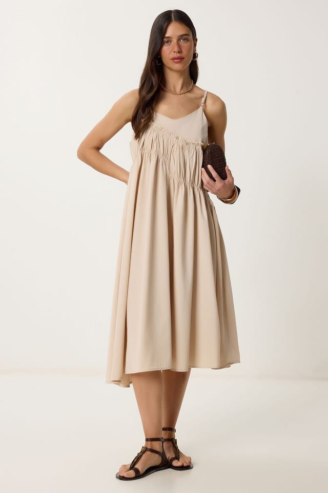 Happiness Istanbul Happiness Istanbul Women's Ruffled U Collar Midi Dress in Cream - 2