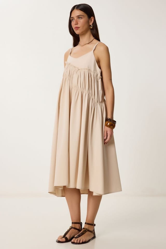Happiness Istanbul Happiness Istanbul Women's Ruffled U Collar Midi Dress in Cream - 3