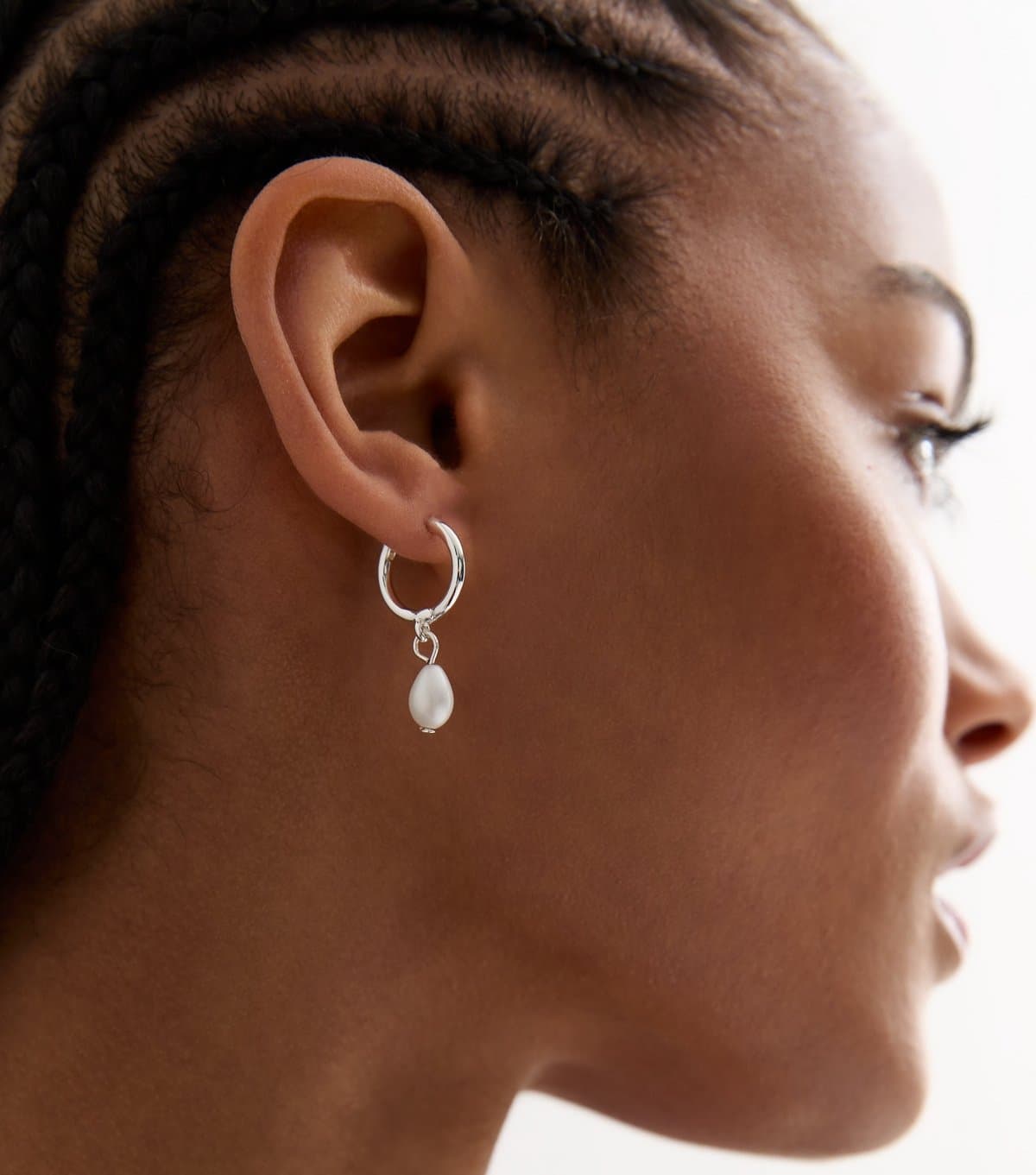 New Look Silver Plated Faux Pearl Drop Hoop Earrings New Look
