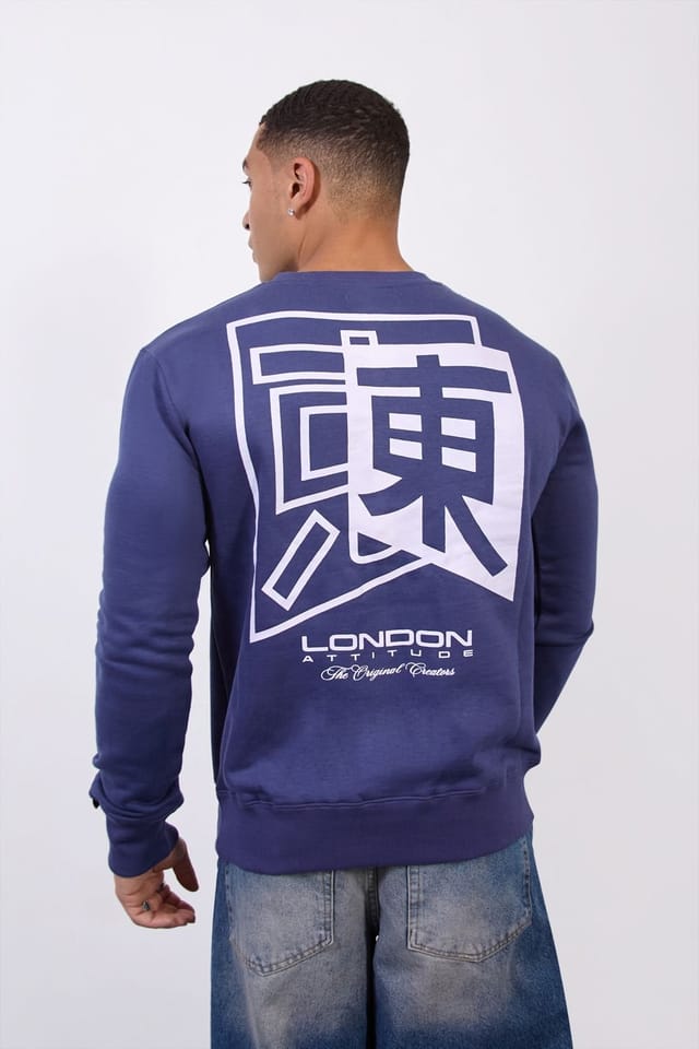 LONDON ATTITUDE LONDON ATTITUDE Men's Navy Blue Japanese-inspired Crewneck Sweatshirt - 3