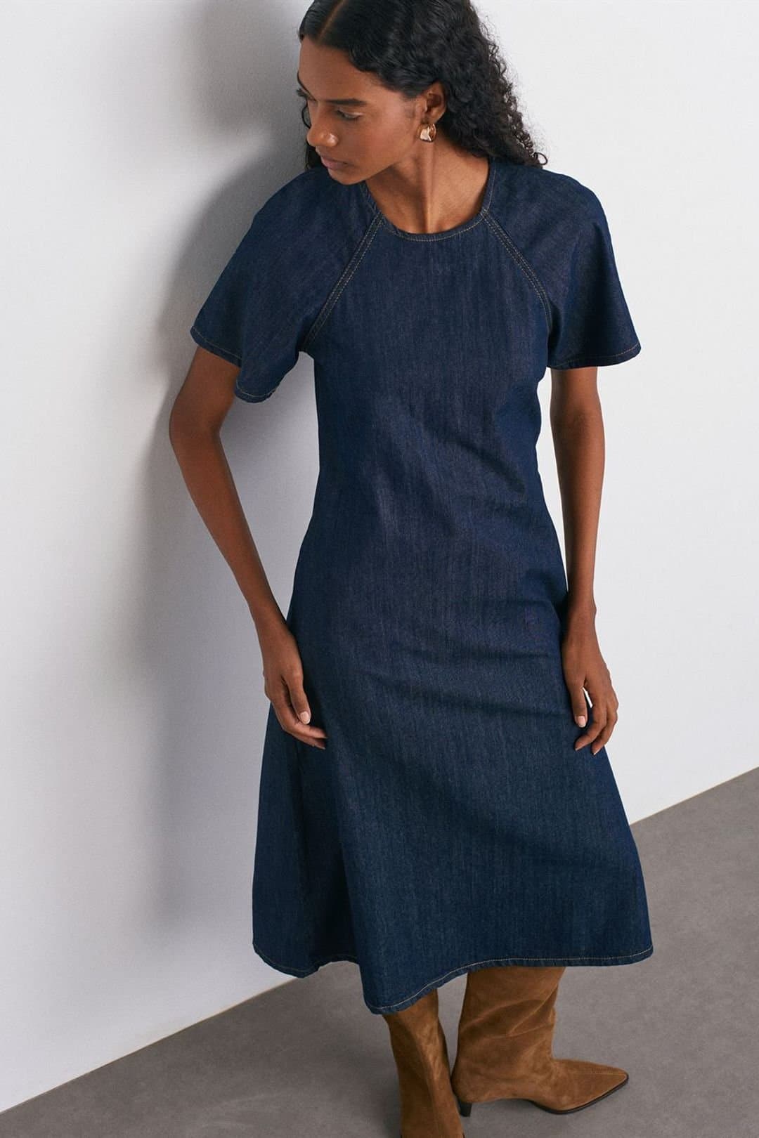 Dilvin Dilvin Women's Cotton Denim Midi A-line Dress in Dark Indigo