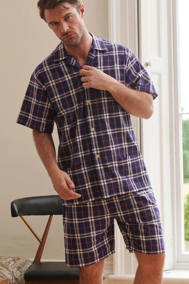British Boxers British Boxers Men's "Chester Red & Blue" Check Crisp Cotton Short Pyjama Set in Dark Navy - 2