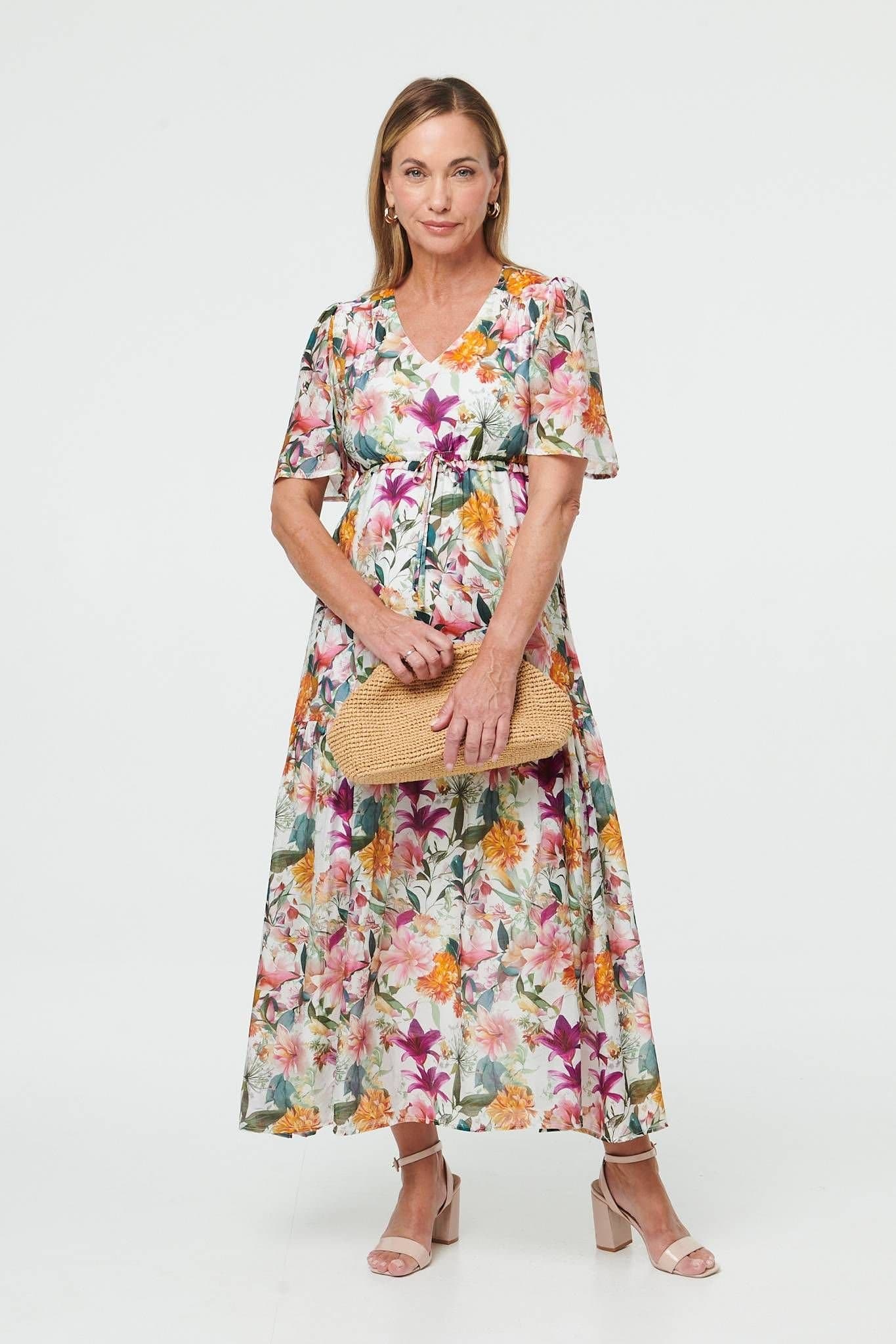 Izabel London Izabel London Women's Floral Tiered 1/2 Sleeve Maxi Dress in White