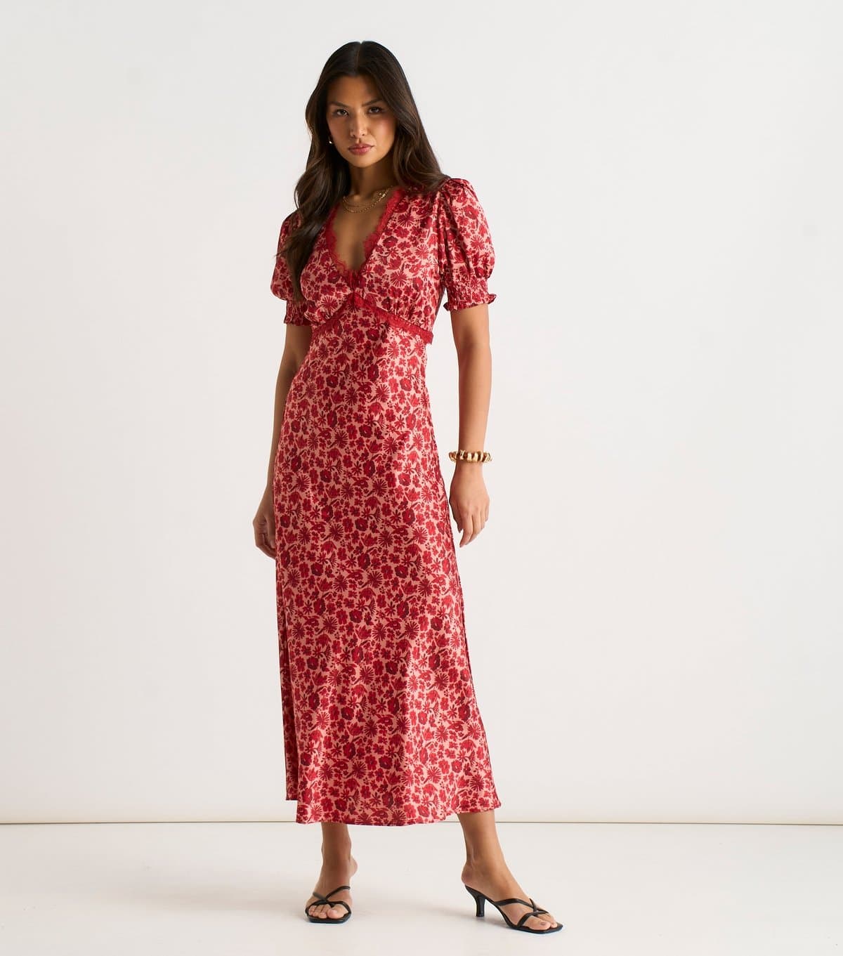 Gini London Women's Red Floral Lace Trim Midi Dress Gini London New Look