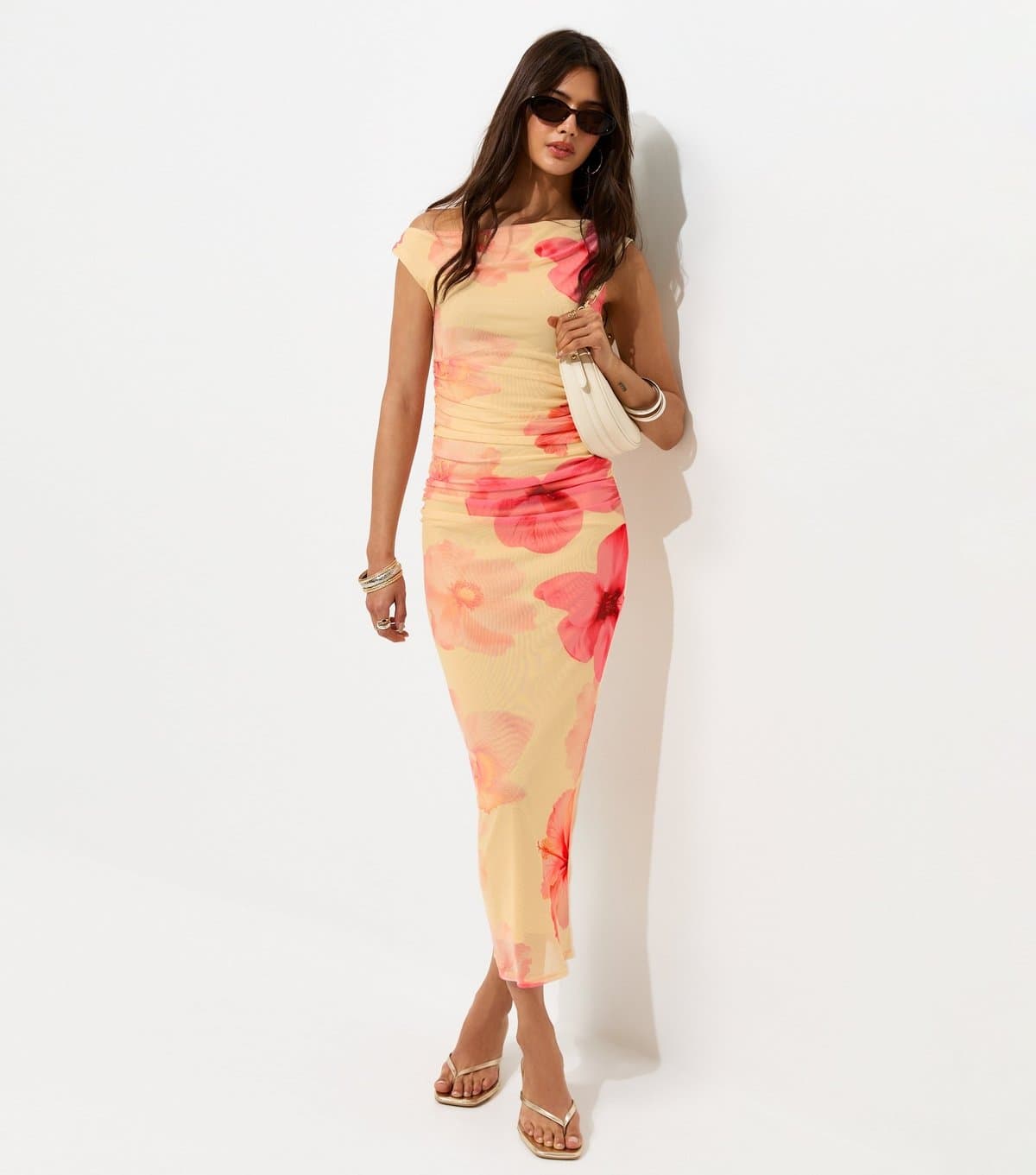 New Look Women's Yellow Mesh Blurred Floral Print Off Shoulder Midi Dress New Look