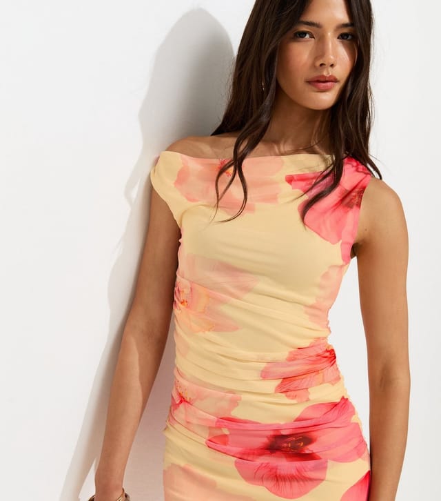 New Look Women's Yellow Mesh Blurred Floral Print Off Shoulder Midi Dress New Look - 2