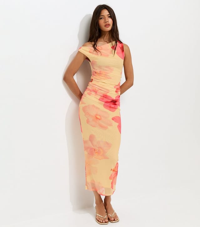 New Look Women's Yellow Mesh Blurred Floral Print Off Shoulder Midi Dress New Look - 3