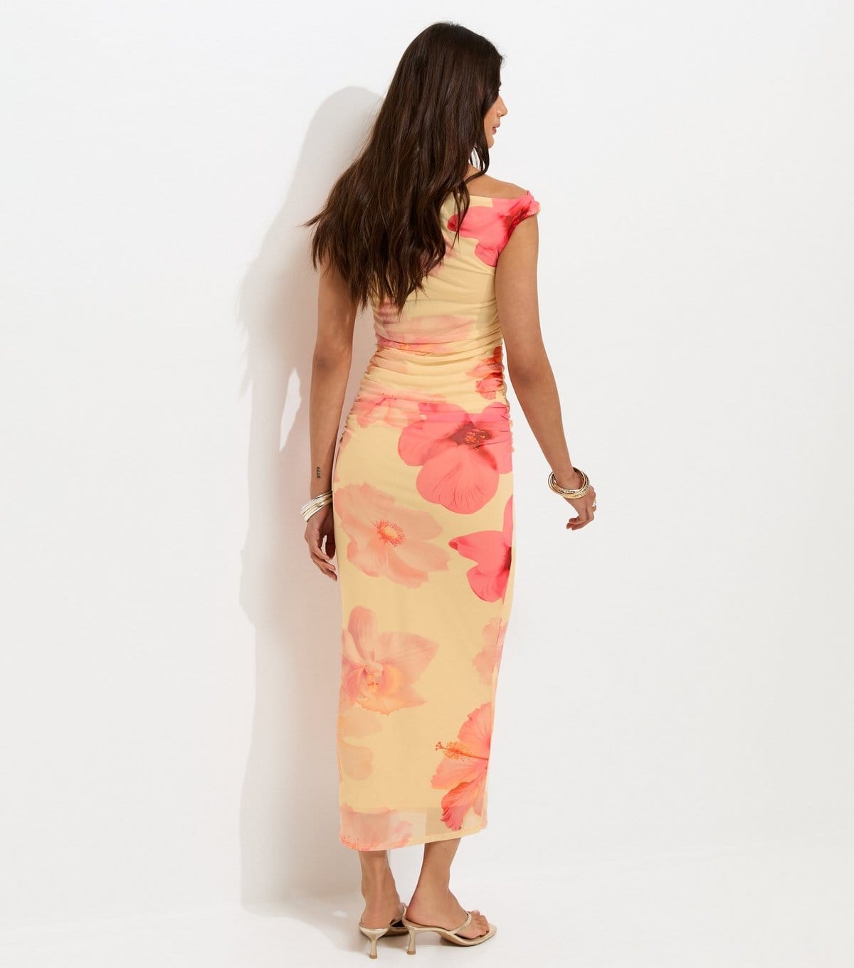 New Look Women's Yellow Mesh Blurred Floral Print Off Shoulder Midi Dress New Look - 4