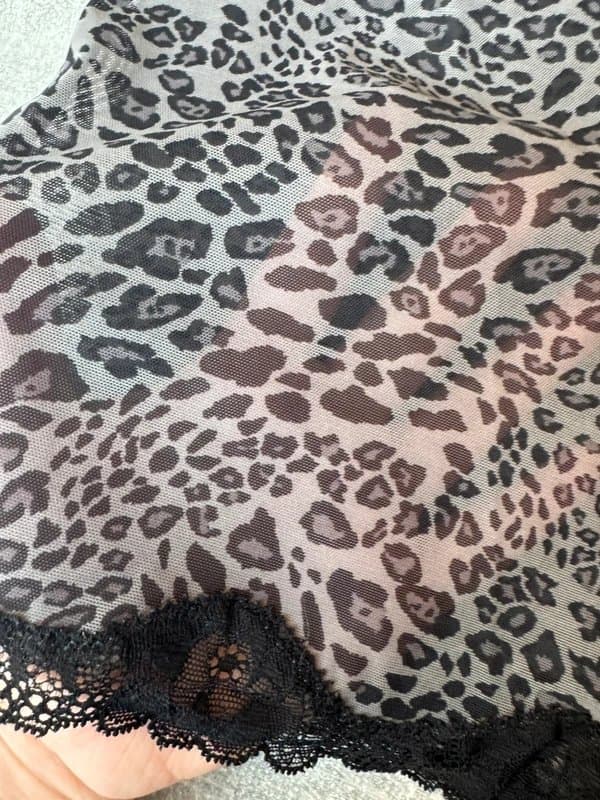 y2k y2k grey and black micro mesh leopard print lace embroidered corset style cami top