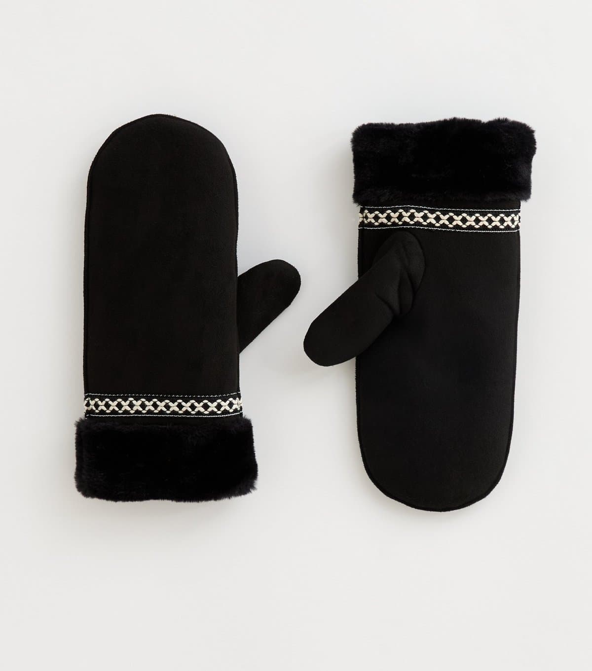 New Look New Look Black Faux Suede and Faux Fur Trim Mittens