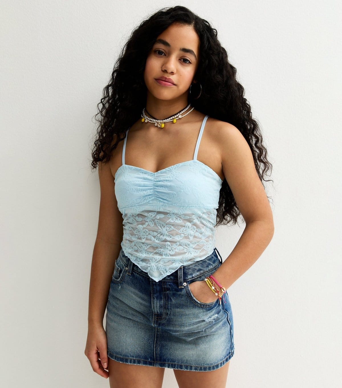 New Look Light Blue Butterfly Mesh Cami Top