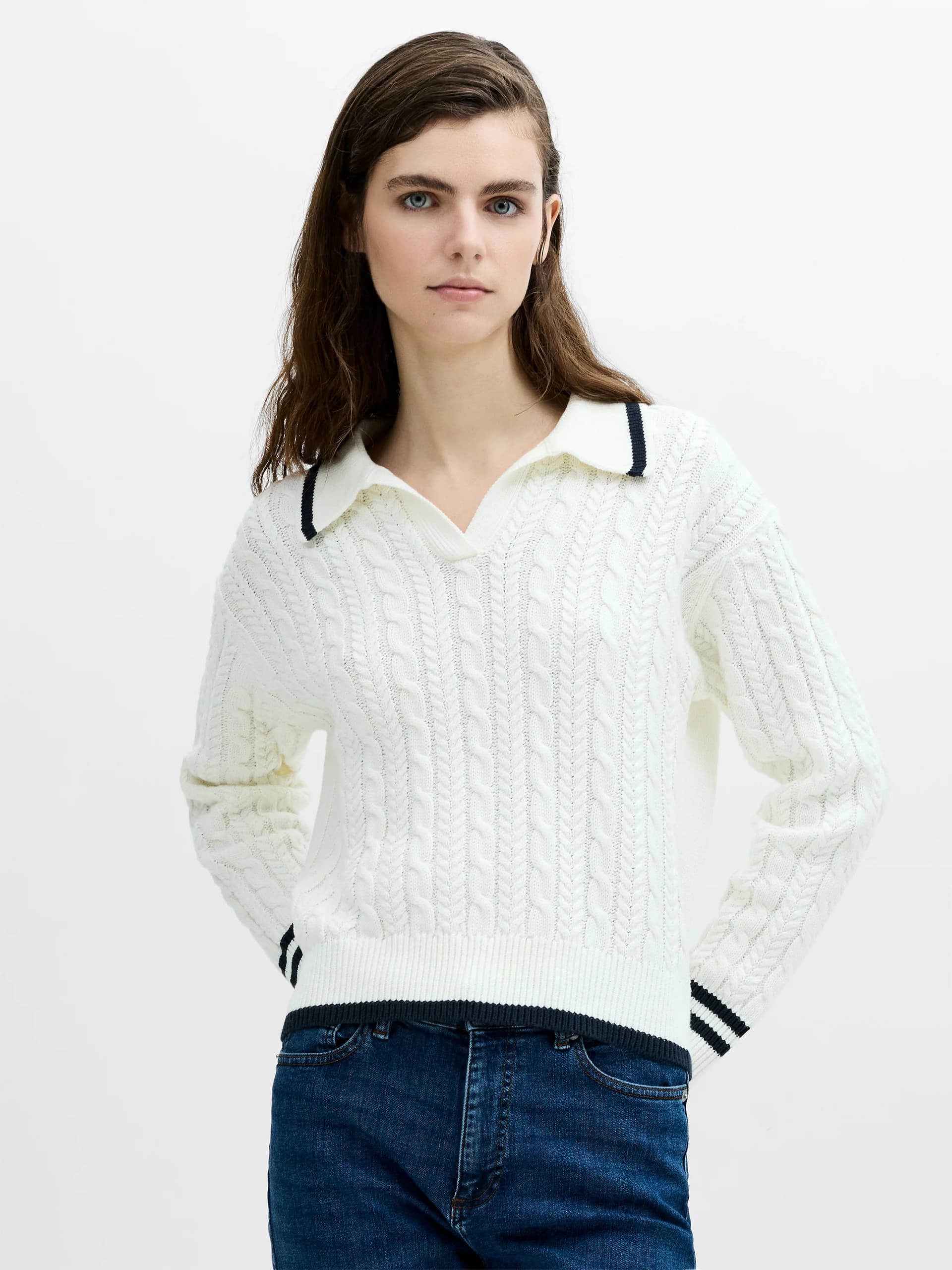 French Connection Klara White Cable Knit Polo Jumper Winter White/New Navy