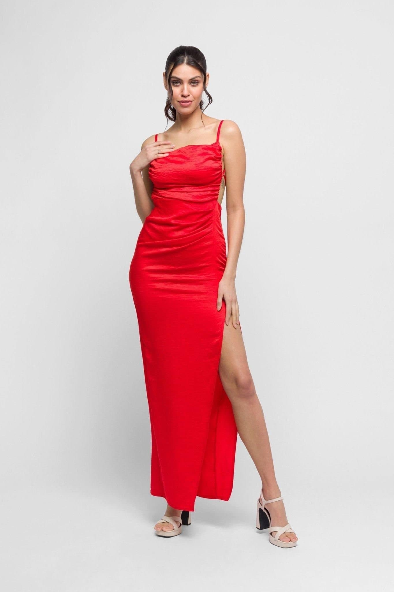 Jaded Rose Jaded Rose Red Satin Maxi Dress with Open Back