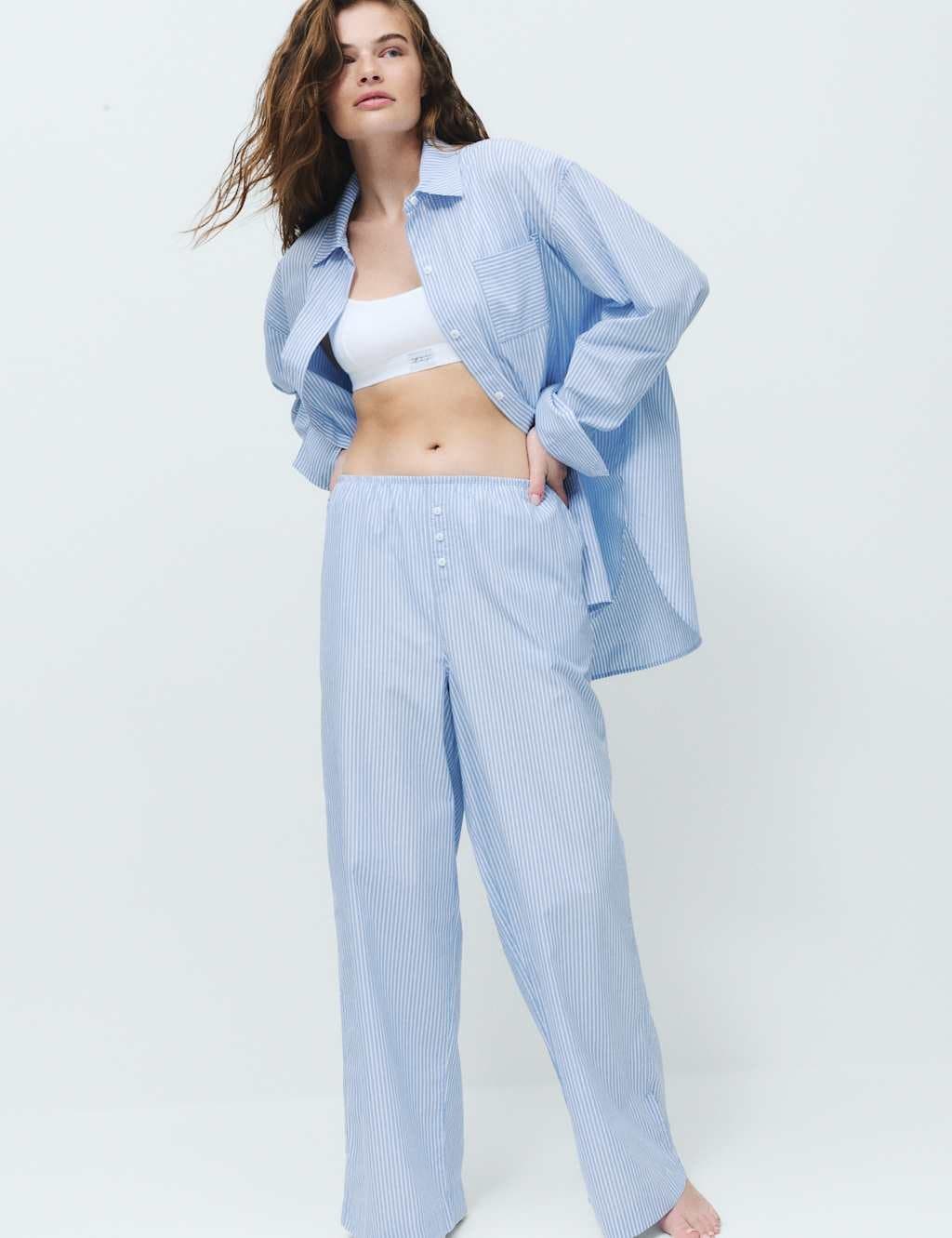 Marks & Spencer M&S Pure Cotton Poplin Striped Pyjama Bottoms Blue Mix