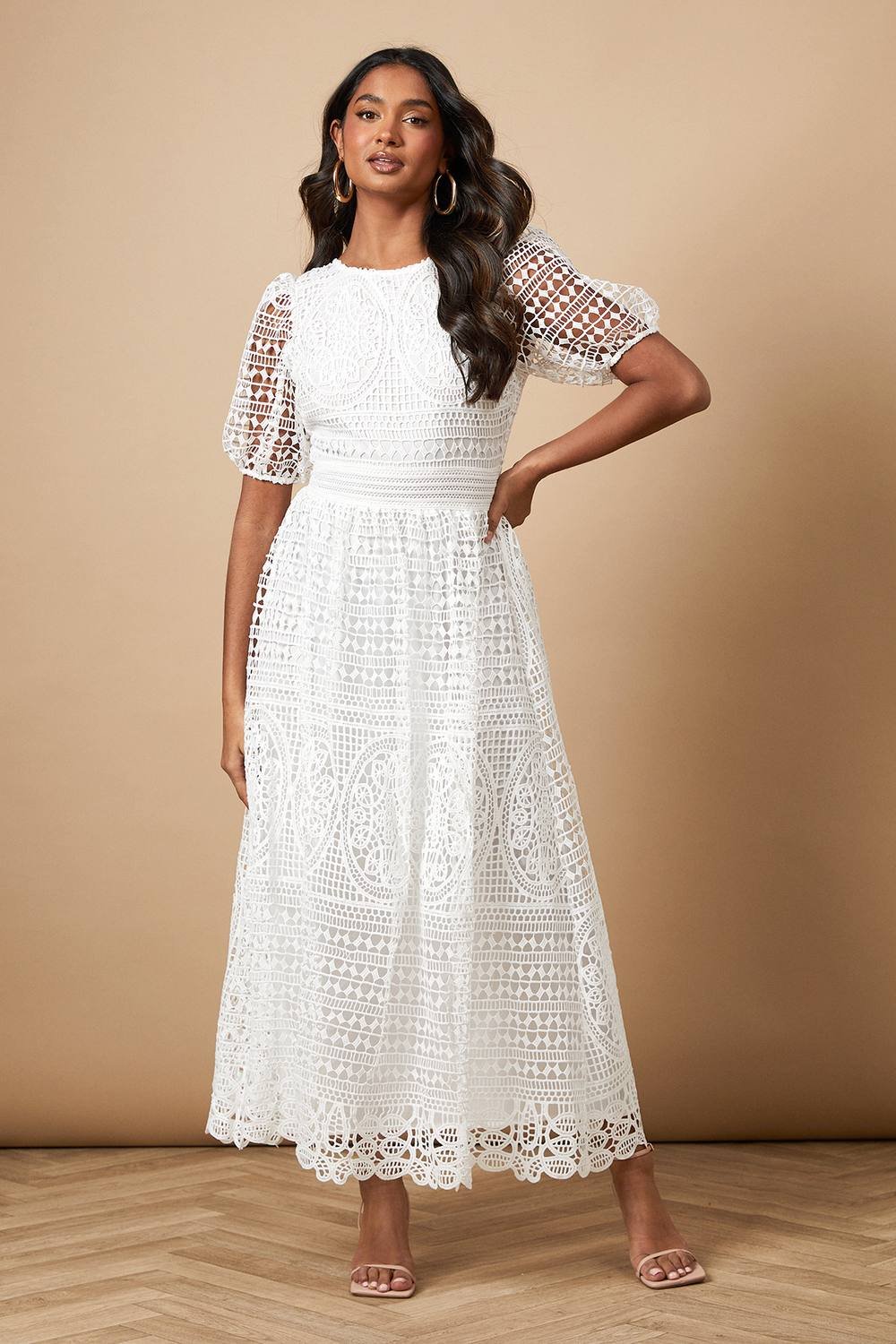 Oasis Oasis Women's Lace Puff Sleeve Midaxi Dress in White - 2