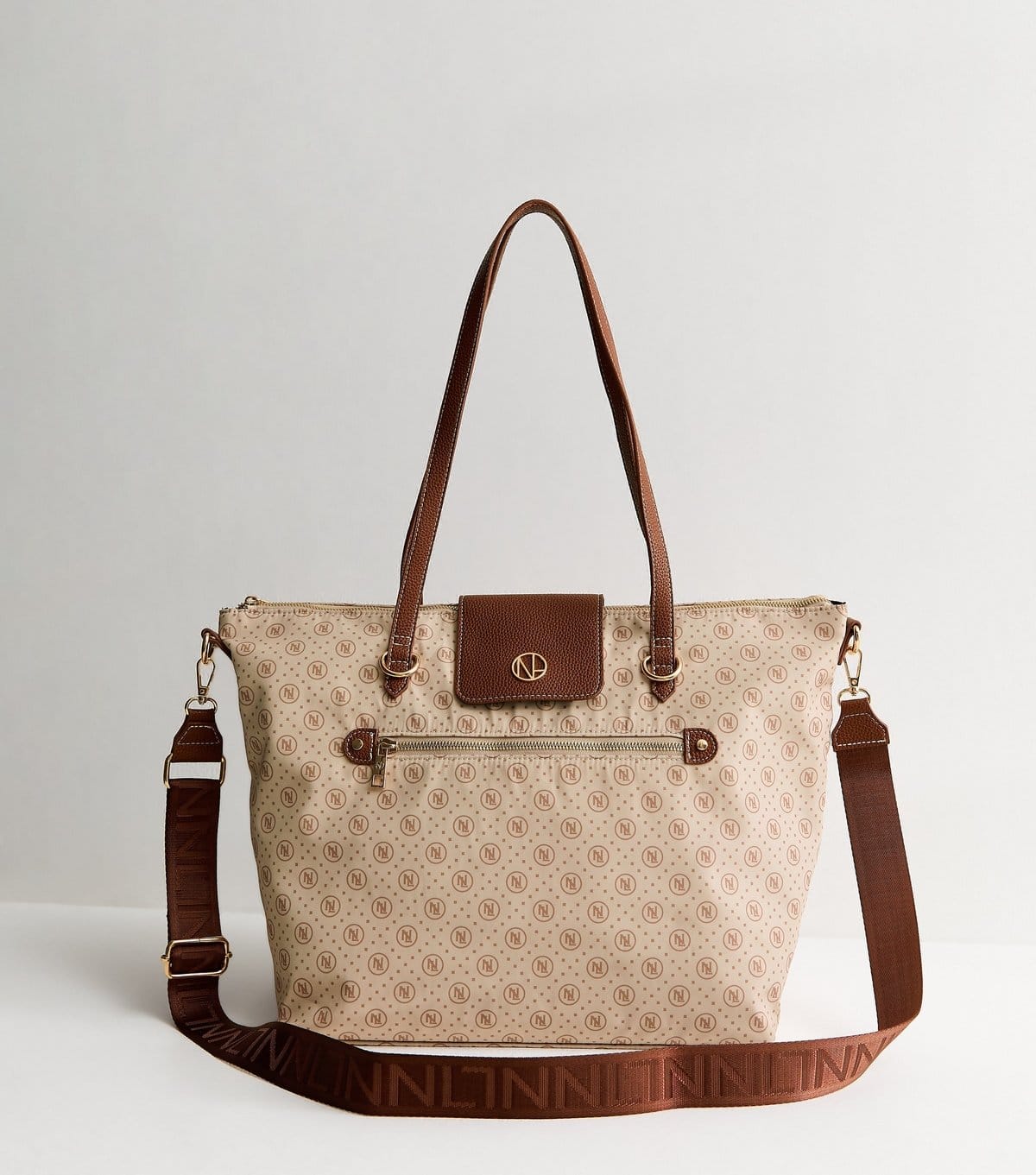 New Look Brown Woven Monogram Print Tote Bag New Look - 1