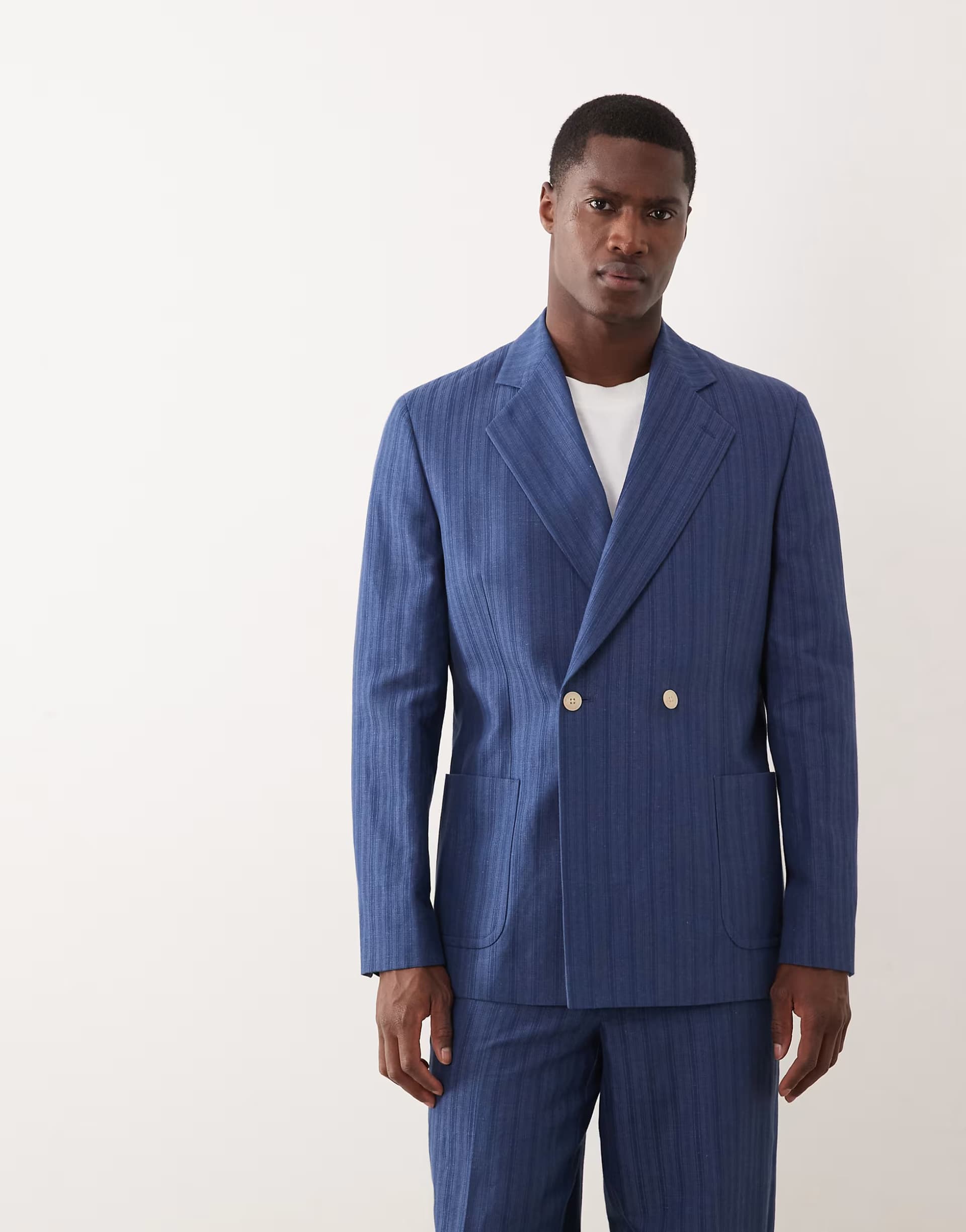 ASOS ASOS DESIGN linen blend regular double breasted suit jacket in blue stripe