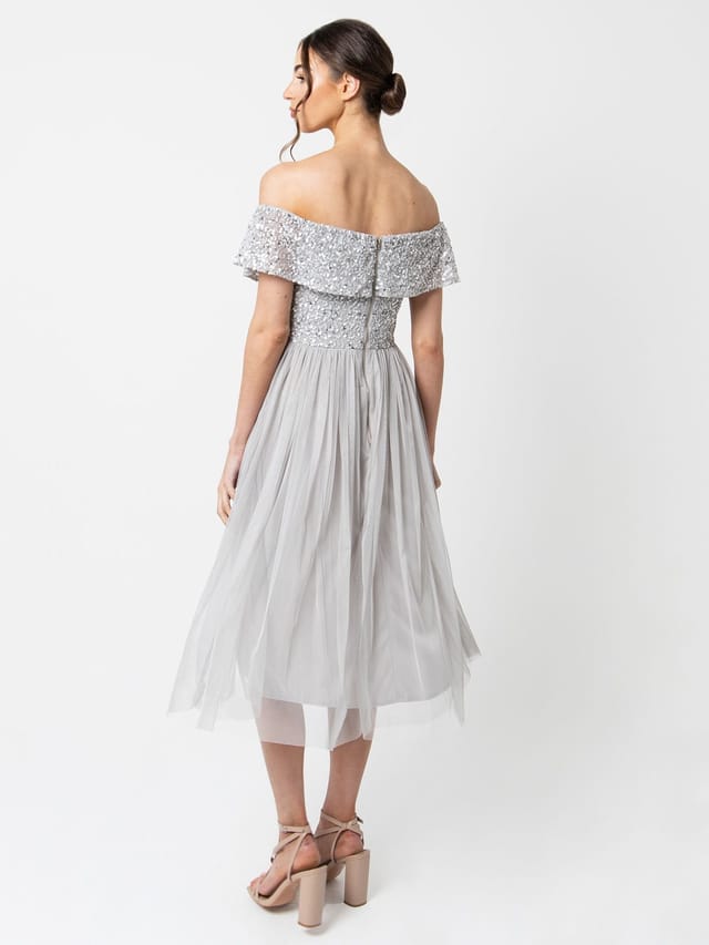 Maya Deluxe Maya Deluxe Women's Bardot Embellished Midi Dress in Grey - 3