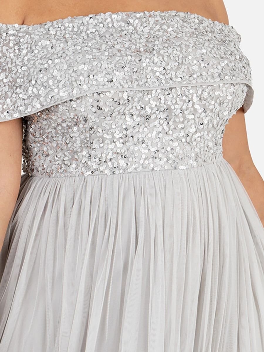 Maya Deluxe Maya Deluxe Women's Bardot Embellished Midi Dress in Grey - 4