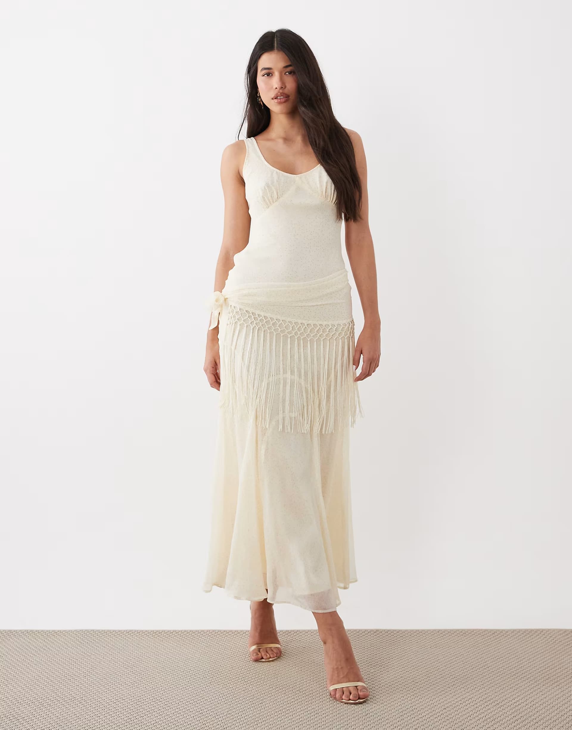 ASOS ASOS Chiffon Maxi Dress with Fringe Detail in Buttermilk Spot