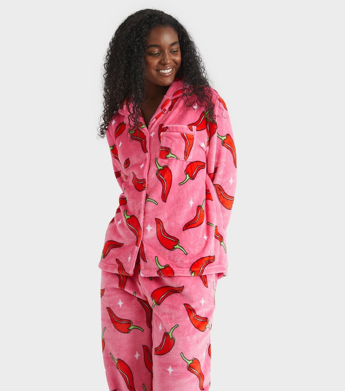 Skinnydip Women's Pink Fleece Chilli Print Shirt and Trousers Pyjama Set Skinnydip New Look