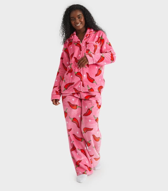Skinnydip Women's Pink Fleece Chilli Print Shirt and Trousers Pyjama Set Skinnydip New Look - 2