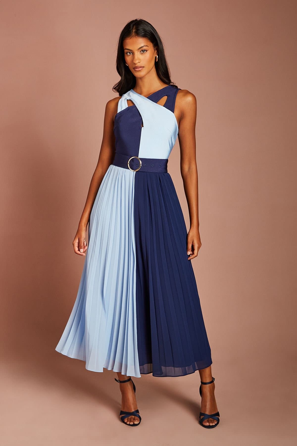 Coast Coast Women's Petite Bandage Cross Neck Pleated Skirt Midi Dress in Navy