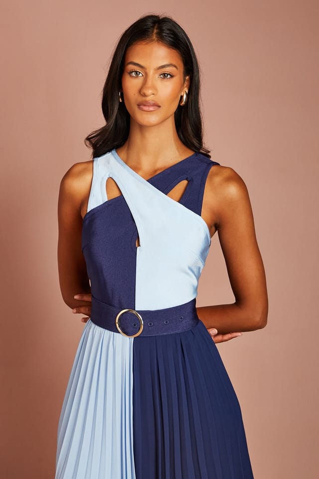 Coast Coast Women's Petite Bandage Cross Neck Pleated Skirt Midi Dress in Navy - 2