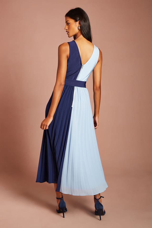 Coast Coast Women's Petite Bandage Cross Neck Pleated Skirt Midi Dress in Navy - 3