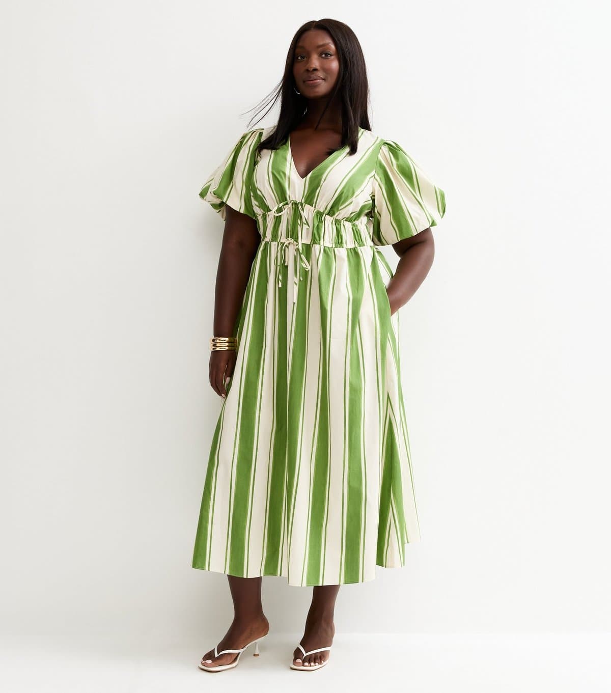 New Look Women's Plus Size Green Striped Puff Sleeve Midi Dress Curves New Look
