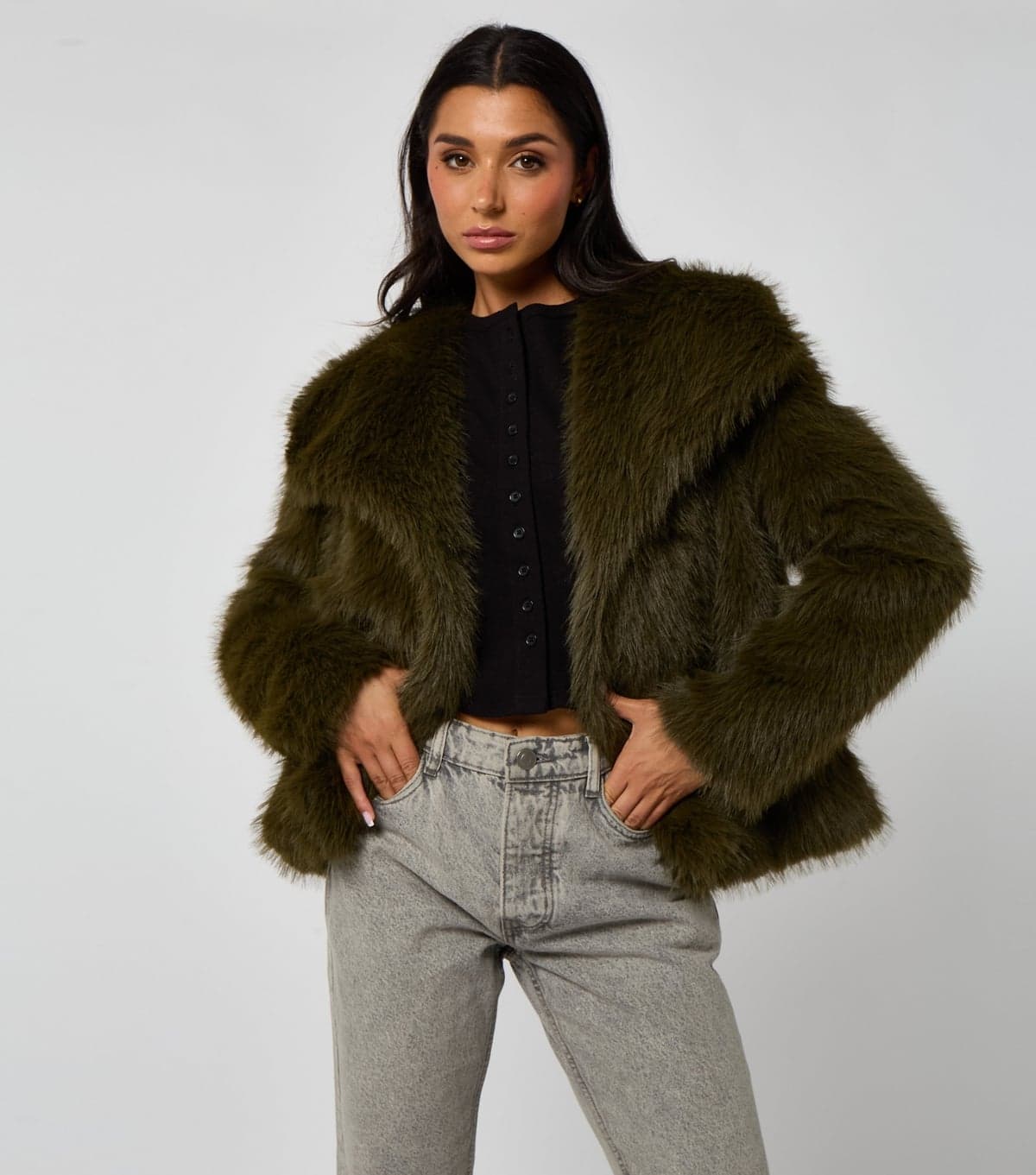 Urban Bliss Urban Bliss Dark Khaki Faux Fur Jacket