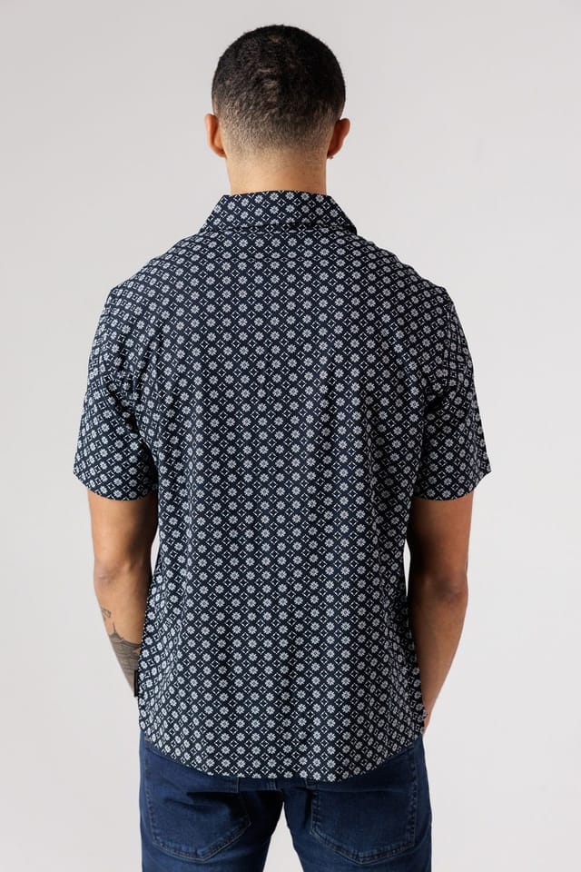 French Connection French Connection Men's Square Floral Print Short Sleeve Shirt in Navy - 2