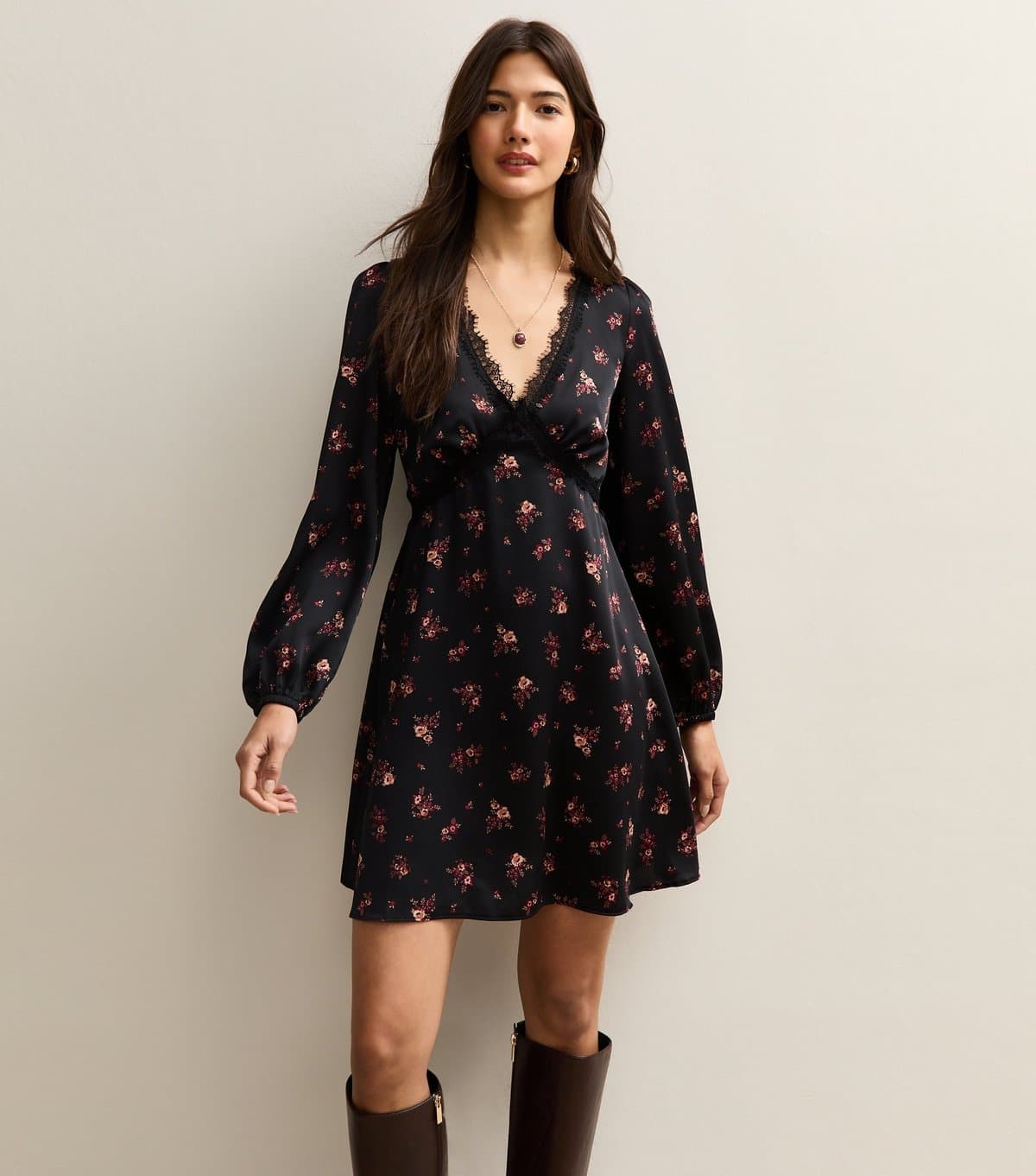 New Look Women's Black Floral Lace Trim Mini Dress New Look