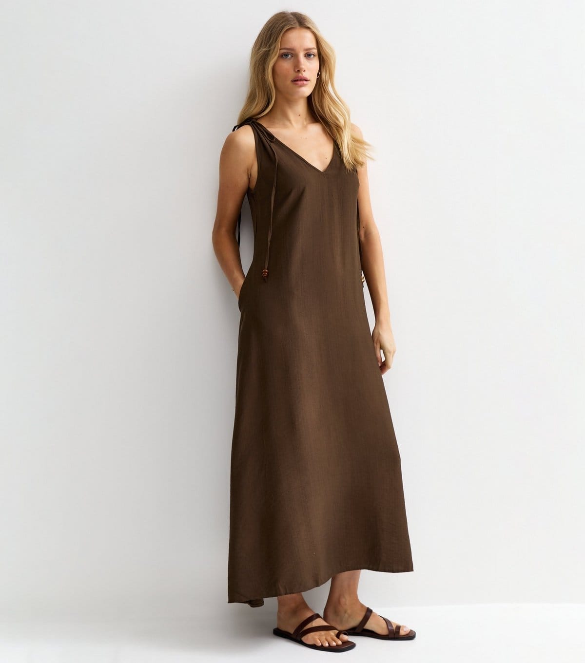 Women's Brown Beaded Tie Smock Midi Dress New Look