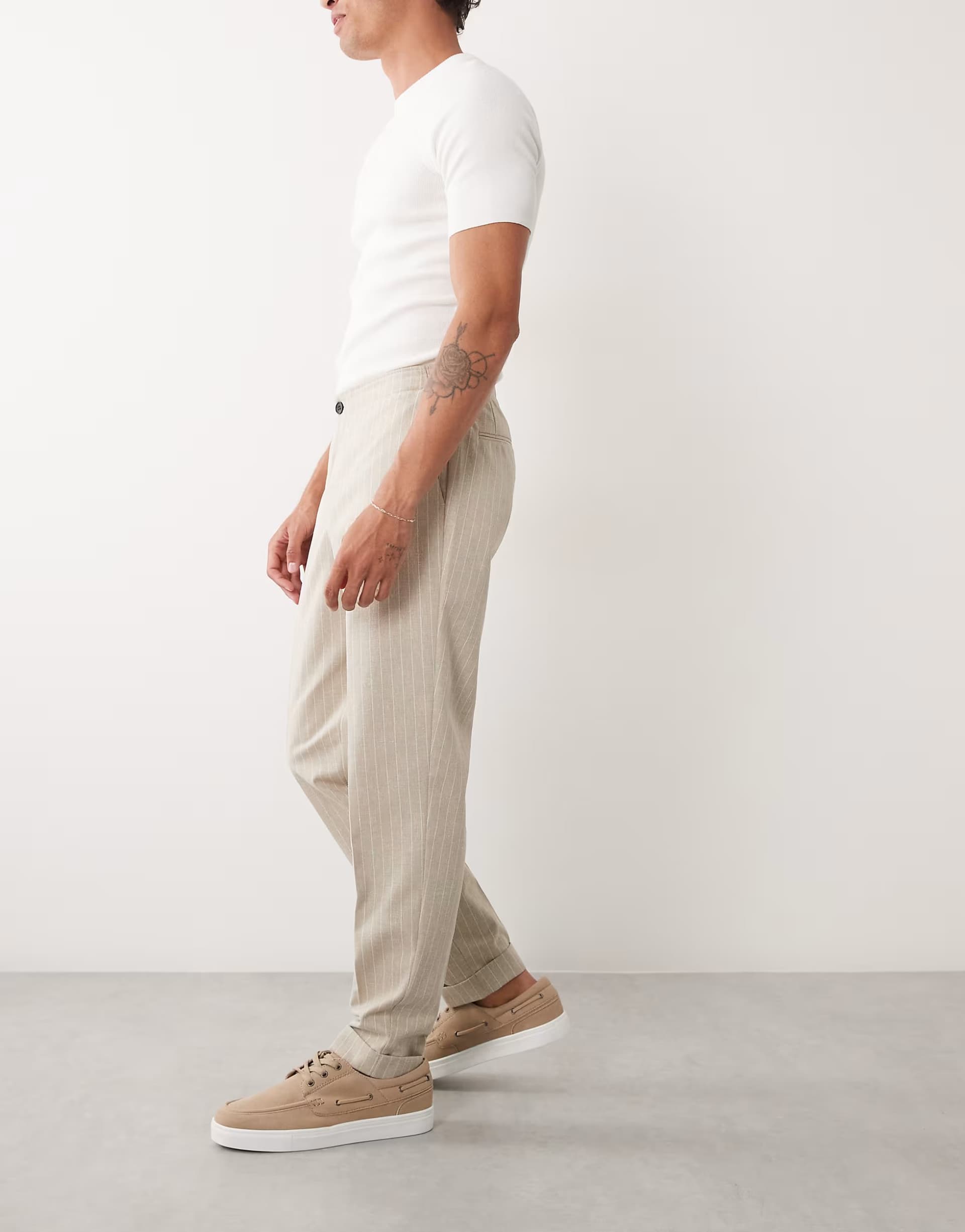 ASOS ASOS DESIGN linen smart tapered trousers in stone pinstripe with elasticated waist