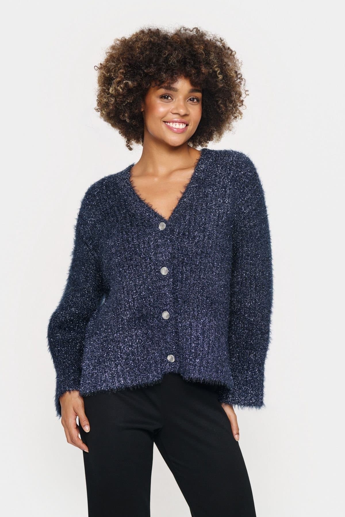 Saint Tropez Saint Tropez Women's HalfaSZ Glitter Knit Buttons Cardigan in Dark Navy
