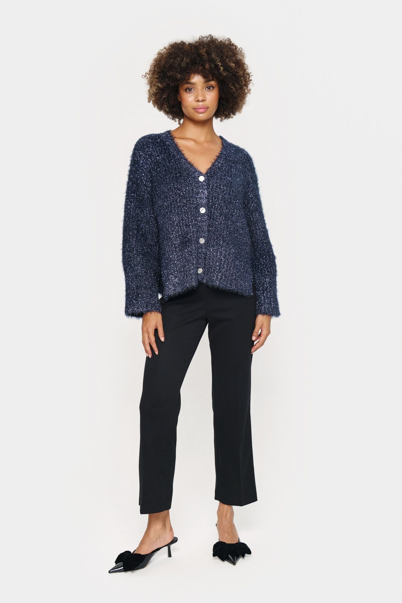Saint Tropez Saint Tropez Women's HalfaSZ Glitter Knit Buttons Cardigan in Dark Navy - 2