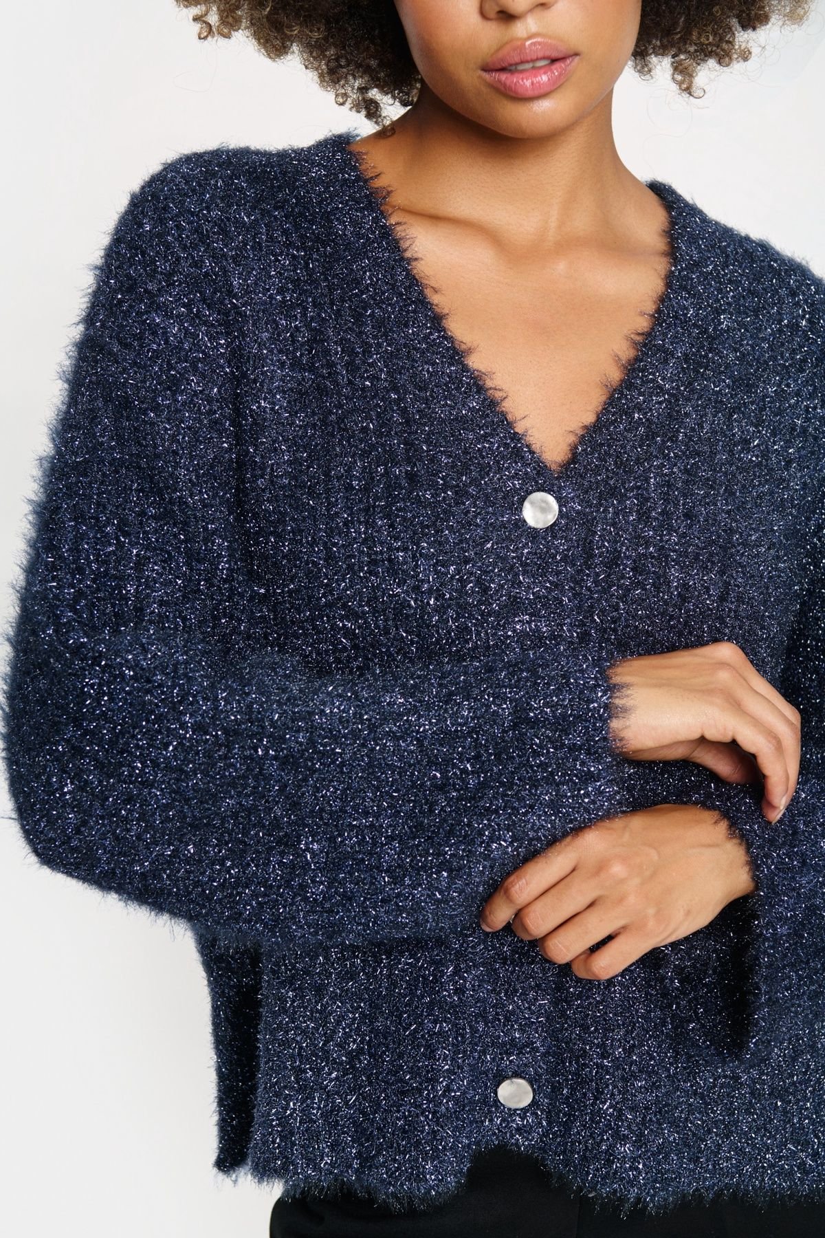 Saint Tropez Saint Tropez Women's HalfaSZ Glitter Knit Buttons Cardigan in Dark Navy - 4