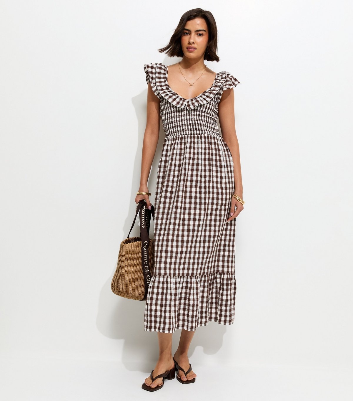 New Look Women's Brown Cotton Gingham Ruffled Neck Midi Dress New Look - 2