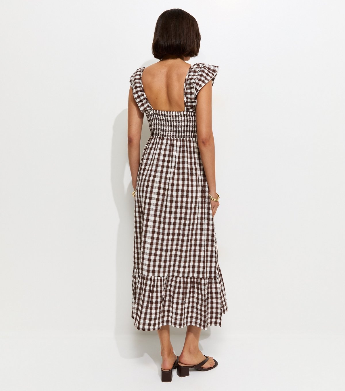 New Look Women's Brown Cotton Gingham Ruffled Neck Midi Dress New Look - 4