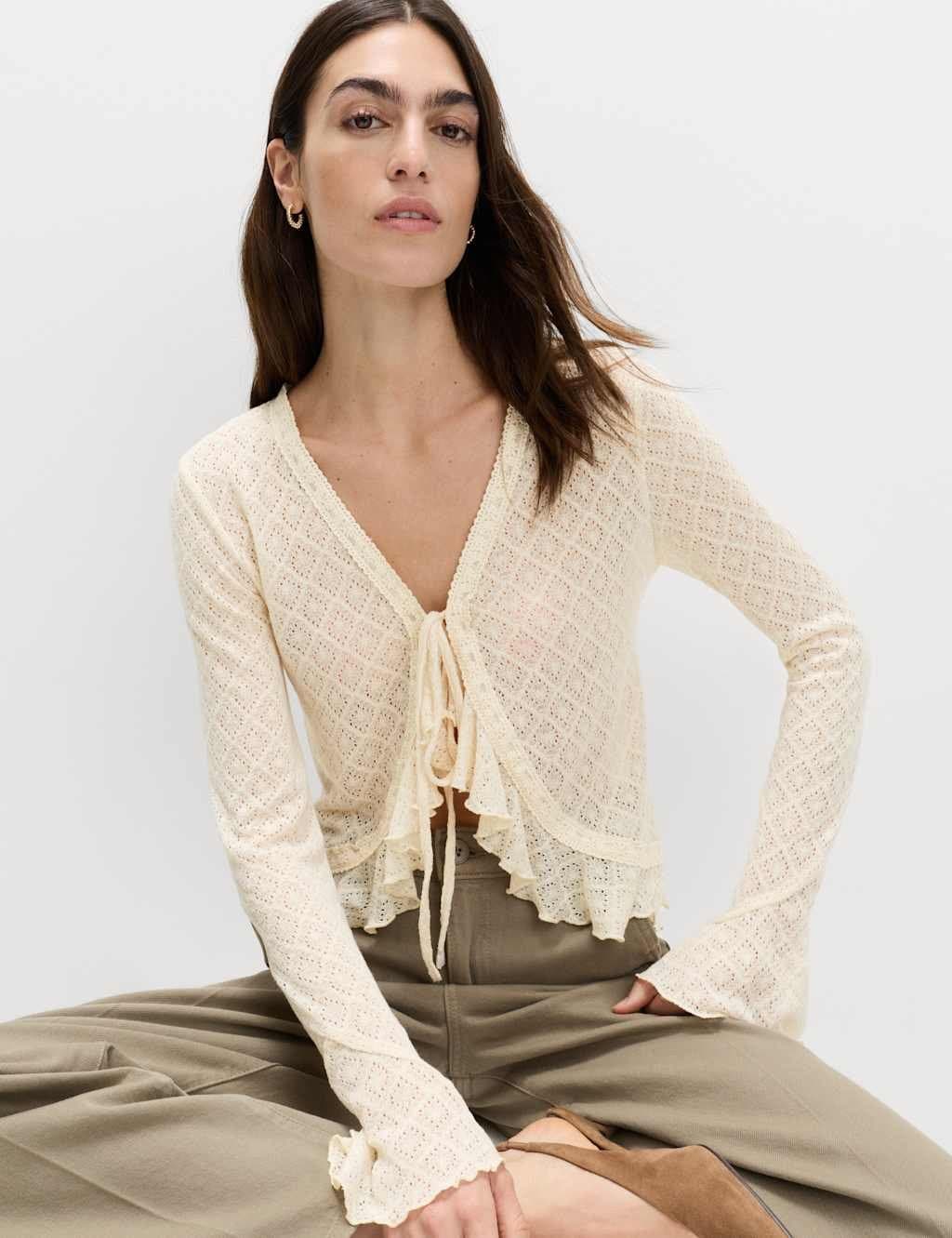 Marks & Spencer M&S Crochet Tie Fastening Cardigan Light Cream