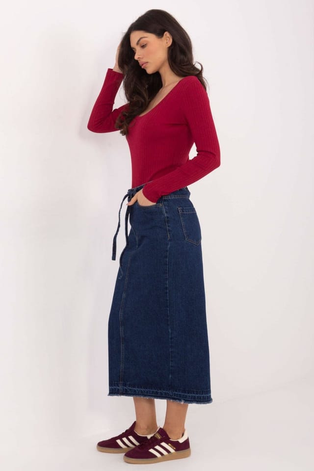 Love Lace Love Lace Women's Cotton Denim Midi Skirt with Back Slit Pockets in Blue - 3