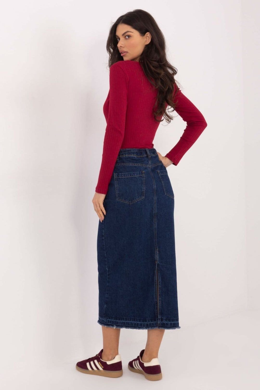 Love Lace Love Lace Women's Cotton Denim Midi Skirt with Back Slit Pockets in Blue - 4