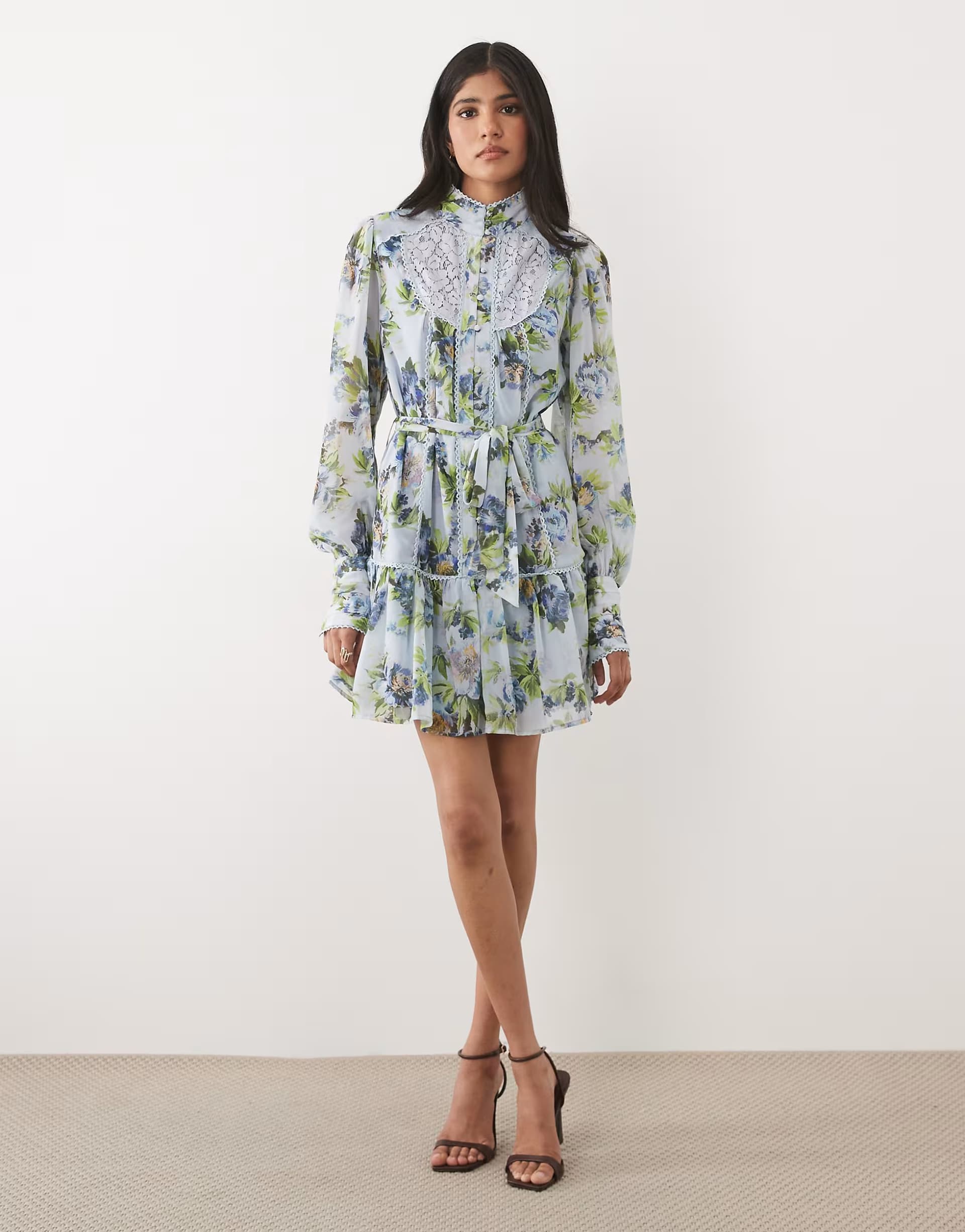 ASOS Hope & Ivy chiffon high neck balloon sleeve dropped waist mini dress in light blue floral