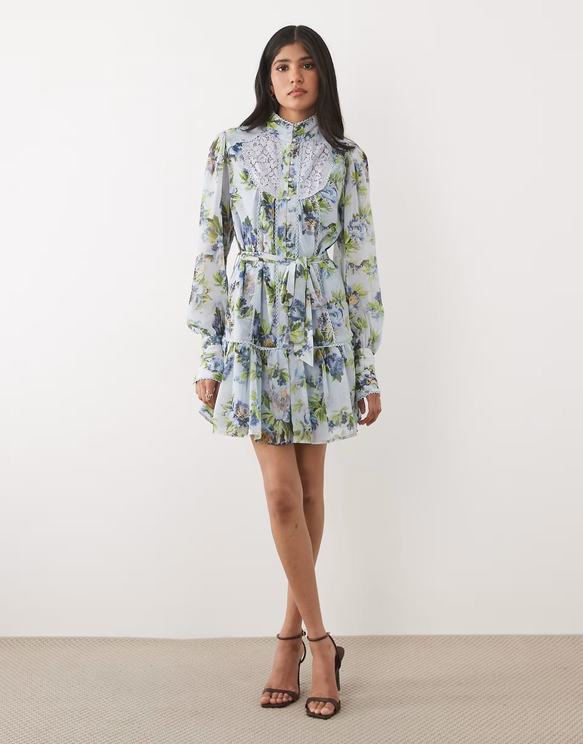 ASOS Hope & Ivy chiffon high neck balloon sleeve dropped waist mini dress in light blue floral - 1